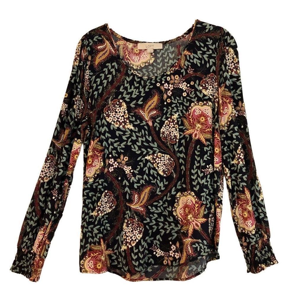 Loft Long Sleeved Floral Tropical Blouse Scoop neck Smock Sleeve Medium